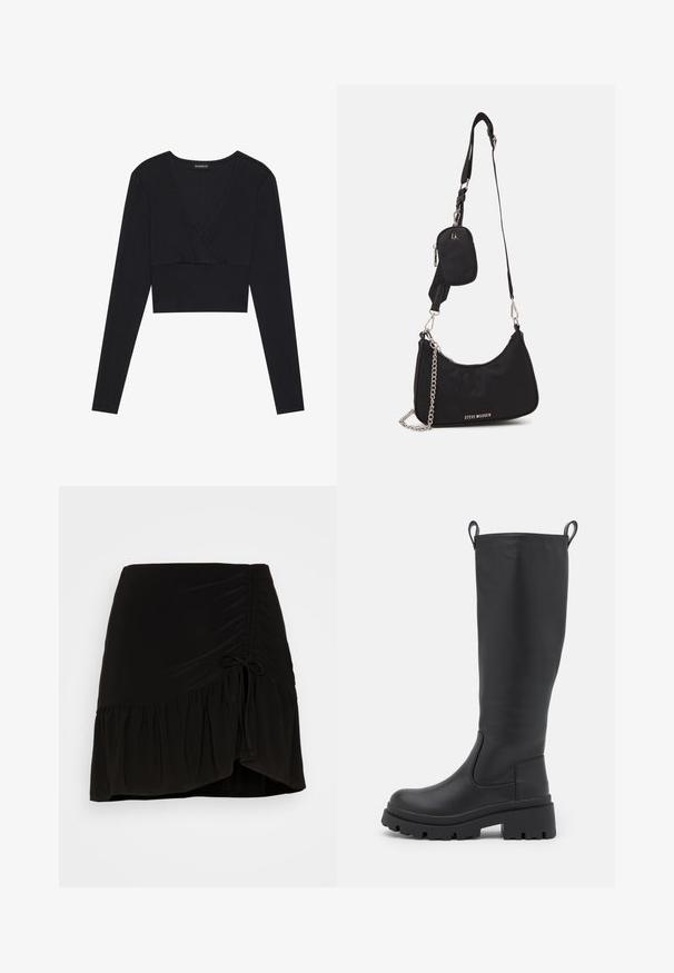 Black ribbed long-sleeve crop top with a deep V-neckline and a fitted silhouette, featuring a seamless design and soft texture.; Even&Odd by Zalando Mini skirt - black; Black knee-high boot made of smooth leather with a chunky sole and slight heel. Features pull tabs and elastic side panels for easy wear.; Black nylon shoulder bag with a curved shape, silver chain accent, detachable mini pouch, and adjustable strap; features "Steve Madden" logo.