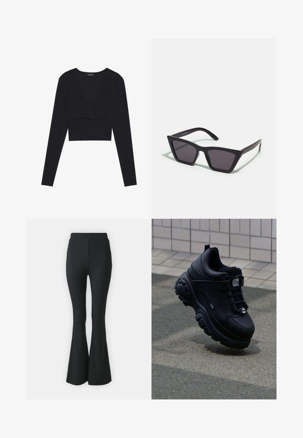 Čierny rebrovaný dlhý rukáv crop top s hlbokým V-výstrihom a priliehavým strihom, s bezšvíkovým dizajnom a jemnou textúrou.; Čierne rozšírené nohavice vyrobené z elastického materiálu. S vysokým pásom a hladkým, priliehavým strihom, ktorý sa rozširuje od kolena nadol.; Čierne robustné tenisky s hladkým koženým povrchom, viazaním vpredu, pohodlnou podrážkou a embosovaným logom na boku. Viditeľná textúrovaná podrážka.; Čierne, ostré slnečné okuliare so sivými sklami; vyrobené z plastu, majú hrubé ramená s hladkým povrchom a bez viditeľnej mechaniky.