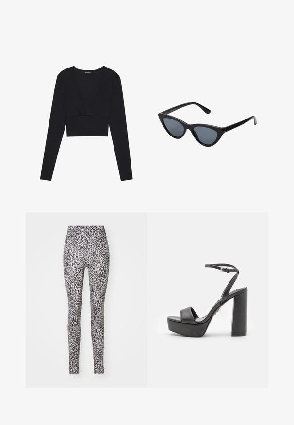 Must mustriblijaga pikemade varrukatega crop top musta värviga, millel on sügav V-kaelus ja keha ligi käiv joon. Topil on sujuv disain ja pehme tekstuur.; Leopardimustrilised retuusid, millel on veniv kangas, kõrge vöökoht ja kehaümber olev disain. Värvitoon koosneb heledatest ja tumedatest pruunidest laikudest hallil taustal.; Mustad platvormiga kõrge kontsaga sandaalid, avatud varbaga, laia esiosa rihmaga ja reguleeritava pahkluu rihmaga. Sile nahkviimistlus ja jäme plokk-konts.; Mustad musta kassi silmadega päikeseprillid tumedate hallide läätsedega, stiilne plastraam, teravad nurgad ja sirged kaared. Nähtavad metallist osad või aksessuaarid puuduvad.