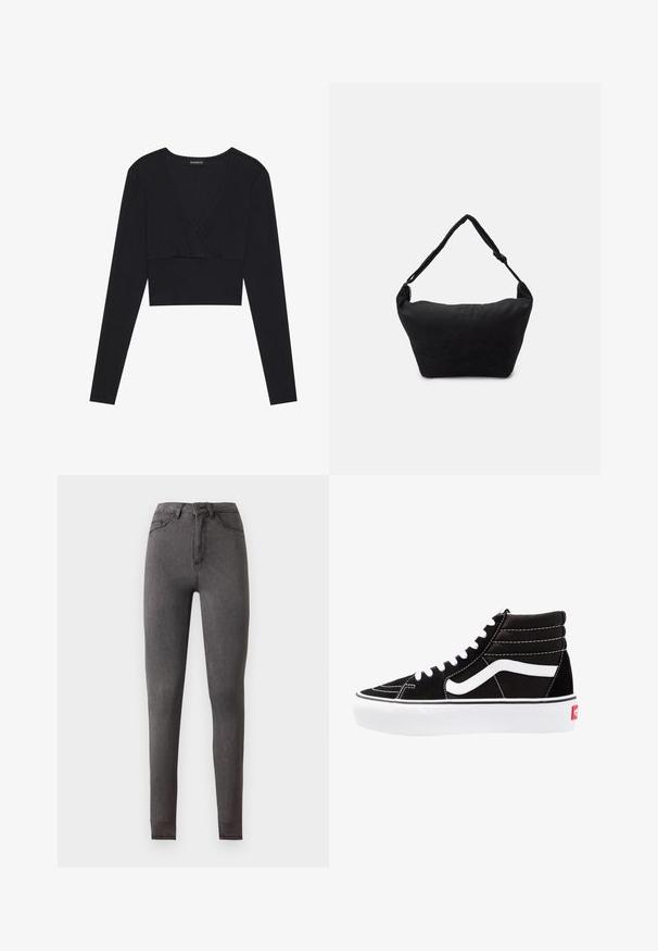 Crop top noir à manches longues en maille côtelée avec un décolleté en V profond et une silhouette ajustée, présentant un design sans couture et une texture douce.; Jean slim gris foncé taille haute en denim, avec poches devant et derrière, fermeture par boutons et détails de couture visibles.; Baskets montantes noires avec des lacets blancs, un logo blanc et des coutures blanches contrastées. Dotées d'une épaisse semelle blanche et d'un dessus en daim texturé.; Sac à épaule en tissu noir avec une surface texturée douce, de forme arrondie et une seule sangle. Design minimaliste sans accessoires ni quincaillerie visibles.