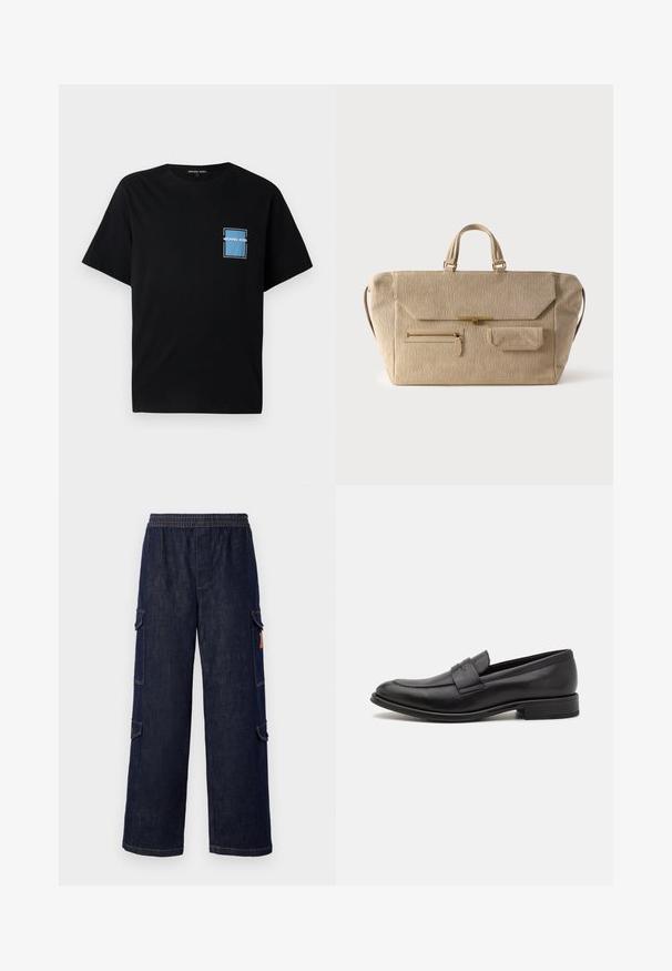 Must must shirt lühi varrukatega, millel on rinnas sinine tasku meenutav disain valge äärisega ja logo tekstiga.; Tumed sinine teksakangast cargo püksid lõdva lõikega, millel on elastne vöökoht, küljetaskud ja kontrastsed tikandid.; Must värvitud nahast loafer, millel on sile viimistlus, dekoratiivne rihm peal, ümar varvas ja madal virnastatud konts.; Beežist manmade kangast nädalavahetuse kott, kahepoolsed sangad, klapiga sulgemine, ees tõmblukuga tasku ja väike klapitasku, valgel taustal.