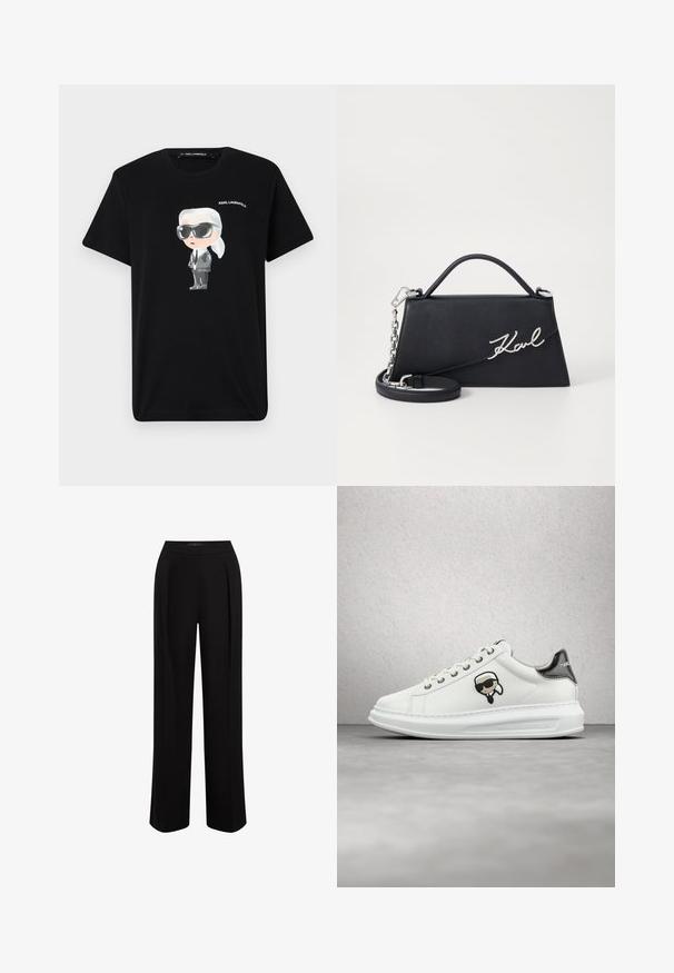 T-shirt en coton noir avec un graphique de personnage de dessin animé en gris et blanc, portant des lunettes de soleil et un costume, avec "KARL LAGERFELD" imprimé au-dessus.; Pantalon noir à jambes larges en tissu lisse, avec une taille haute, des plis à l'avant et une finition nette et soignée.; Sneaker blanche Karl Lagerfeld avec un laçage front, patch logo noir et beige, et languette de talon argent métallique, flottant au-dessus d'un sol gris.; Sac à main en cuir noir, de forme triangulaire, avec le logo argenté "Karl" et une anse chaîne amovible. Texture lisse et design structuré.
