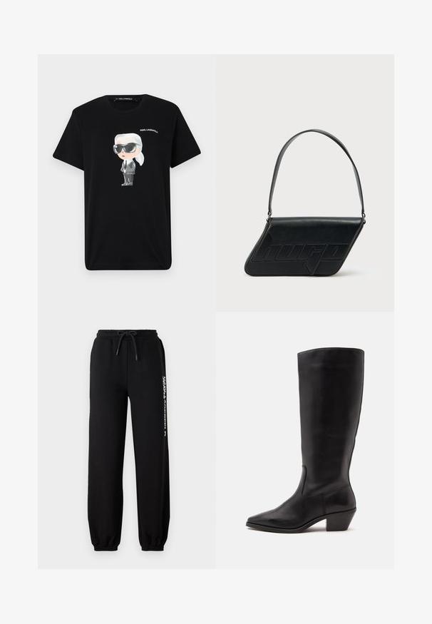 Zwarte katoenen t-shirt met een cartoonkarakter in grijs en wit, die een zonnebril en een pak draagt, met "KARL LAGERFELD" erboven gedrukt.; Zwarte trainingsbroek met een elastische tailleband, verstelbare trekkoord en taps toelopende manchetten. Voorzien van een wit logo dat aan de linkerkant is gedrukt.; Zwarte leren laars tot half op de kuit met een puntige neus en een lage schuine hak op een effen lichte achtergrond.; Zwarte leren schoudertas met een driehoekige vorm, geperst logo en een enkele verstelbare riem. Minimalistisch ontwerp met een gladde textuur.