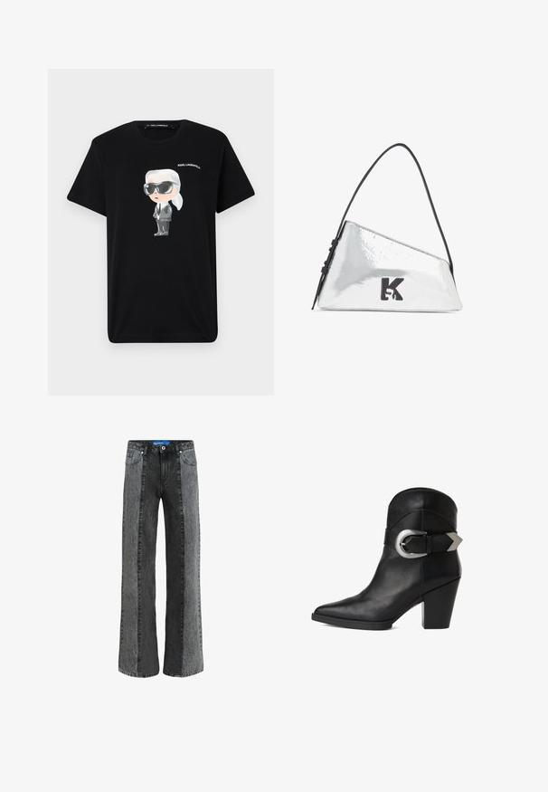 Camiseta de algodón negra con un gráfico de un personaje de dibujos animados en gris y blanco, que lleva gafas de sol y un traje, con "KARL LAGERFELD" impreso arriba.; Jeans de pierna ancha en denim negro y gris. Presentan una cintura alta con cierre de botón, cinco bolsillos y paneles verticales en contraste.; Botín de cuero negro hasta el tobillo con punta afilada, tacón grueso y una correa ancha con una hebilla circular de plata en el costado. Textura suave.; Bolso metálico plateado con forma triangular, correa de hombro negra y logotipo 'K' en relieve en la parte frontal. Textura lisa y brillante.