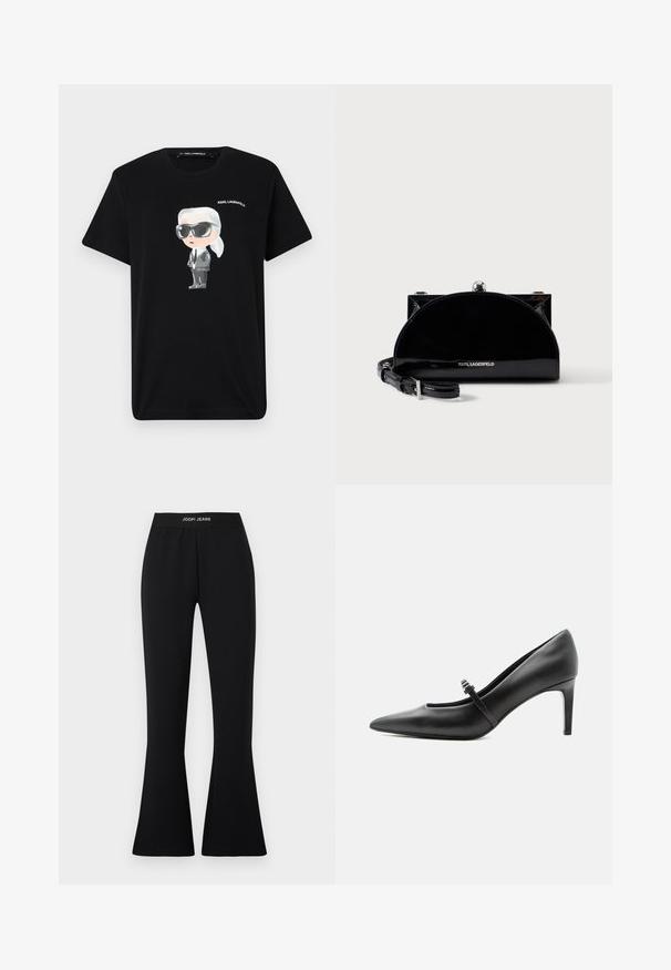 Schwarzes Baumwoll-T-Shirt mit einem Graffiti-Charaktermotiv in Grau und Weiß, der eine Sonnenbrille und einen Anzug trägt, mit "KARL LAGERFELD" darüber gedruckt.; Schwarze Schlaghose aus Stretchstoff mit elastischem Bund und "JOOP! JEANS"-Logo. Glatte Textur mit figurbetonter Silhouette.; Schwarzer Leder-Pumps mit spitzer Zehenpartie, dünnem Riemen und Schnalle über dem Spann, stehend auf hellem neutralem Hintergrund.; Schwarze, glänzende Halbmondförmige Clutch mit silbernem Rahmenverschluss und verstellbarem Riemen, vorne mit Karl Lagerfeld Logo.