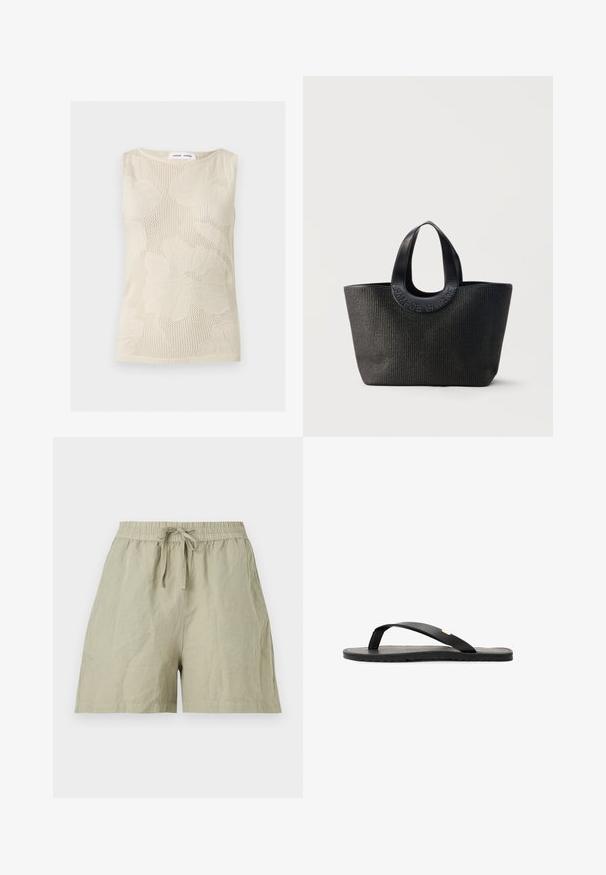 Ærmeløs beige strik top med tekstureret blomsterprint og rund halsudskæring, mærket Samsøe Samsøe ved kraven.; Lyse beige afslappede shorts med elastisk linning og forbundet snøre foran, vist fladt på en hvid baggrund.; Sort flip-flop sandal med flad sål, tekstureret sort indersål, glatte stropper og en lille gul accent nær tåposten.; Sort tekstureret totetaske med brede rundede håndtag med præget brandnavn "Samsøe Samsøe" på neutral baggrund.