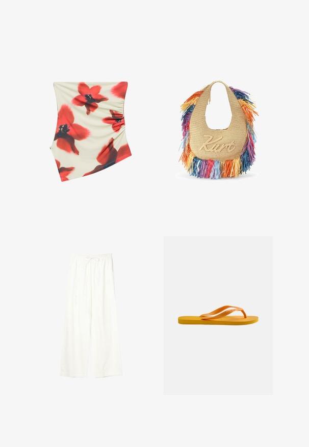 Crèmekleurige asymmetrische rok met grote rode en zwarte bloemenprint en zijde geplooide details.; Witte wijde broek met elastische tailleband en trekkoord, gemaakt van lichtgewicht stof.; Gele teenslipper met een gestructureerde zool en oranje rubberen bandjes tegen een effen lichtgrijze achtergrond.; Beige gevlochten handtas met afgeronde handgreep, kleurrijke franjes in oranje, geel, blauw, paars en sierletters "Kurt" aan de voorkant.