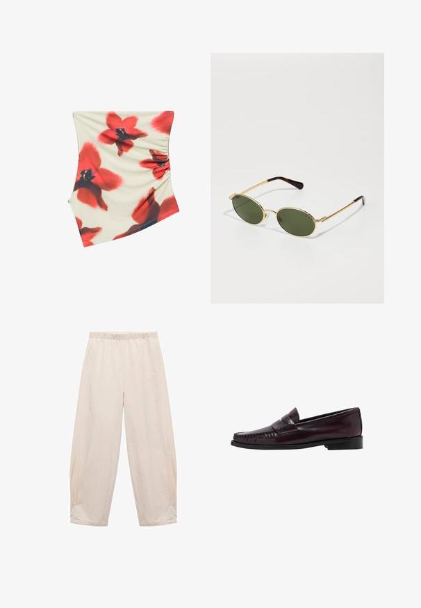 Flødefarvet asymmetrisk nederdel med stort rødt og sort blomsterprint og ruching-detalje i siden.; Elastisk taljebukser i lys beige. Fremstillet af blødt stof med sidelommer og en afslappet, løs pasform. Taperet ved anklen.; Mænds mørkebrune læder penny loafers med sort sål og syning langs tåen, vist i sideprofil.; Guld metal solbriller med ovale grønne linser. Slanke arme med en brun skildpaddefinish, der har dekorative detaljer nær hængslerne.