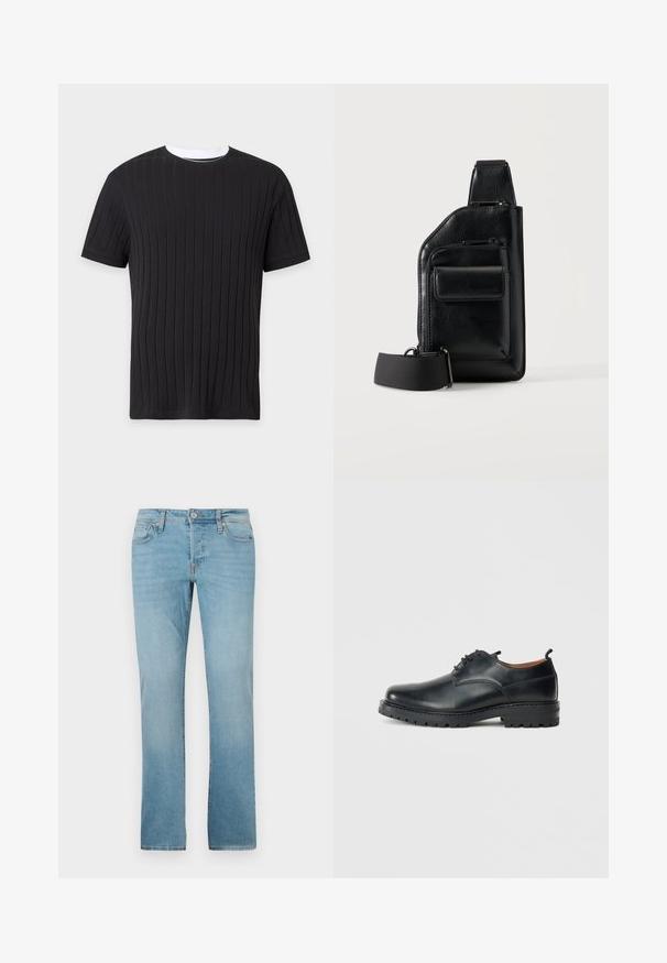 Schwarzes kurzärmeliges, geripptes Strick-T-Shirt mit weißem Rundhalsausschnitt, auf einfarbigem Hintergrund dargestellt.; Helle Blaue Jeans aus Denim mit geradem Bein, fünf Taschen, Knopfverschluss und subtiler Verblassung für Textur.; Schwarze Leder Derby-Schuhe mit glatter Textur, runder Zehenform, Schnürdesign und einer dicken, robusten Gummisohle.; Schwarze Leder-Umhängetasche mit zwei Reißverschlussfächern, einer Vordertasche mit Klappe und verstellbarem Stoffriemen auf weißem Hintergrund.