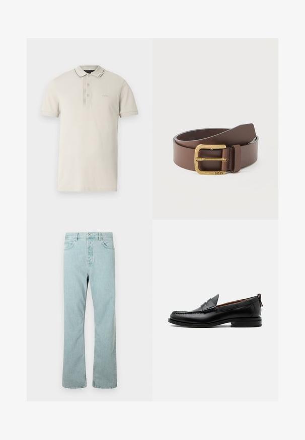 Beiges Poloshirt aus Baumwolle mit zwei Knöpfen, schwarzem Besatz am Kragen und an den Ärmeln sowie einem gestickten Logo auf der Brust.; Hellblaue Jeans aus Denim mit geradem Schnitt, fünf Taschen und einem einzigen Knopfverschluss. Abgerundet mit dezenten Steppdetails.; Schwarzer Leder-Herrenschuh mit Mokassinnaht, Penny-Riemen, strukturiertem Kragen und niedrigem gestapeltem Absatz auf weißem Hintergrund.; Gefalteter brauner Ledergürtel mit goldener, rechteckiger Schnalle, auf der das Wort "BOSS" eingraviert ist, vor weißem Hintergrund.