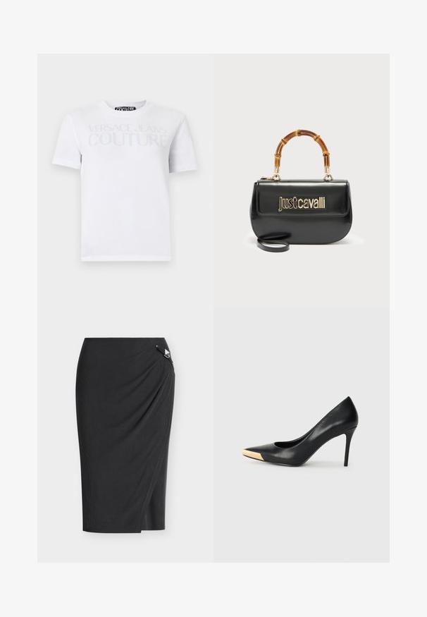 Λευκό κοντομάνικο T-shirt με το κείμενο "Versace Jeans Couture" σε ανοιχτό γκρι χρώμα στο στήθος, στρογγυλή λαιμόκοψη και κανονική εφαρμογή.; Μαύρη μίντι pencil φούστα με σχεδιασμό τύπου wrap και μικρή ασημί τριγωνική αγκράφα στη μέση.; Μαύρη δερμάτινη γόβα με ψηλό τακούνι και μυτερή μύτη. Διαθέτει μεταλλική χρυσή λεπτομέρεια στο καπάκι της μύτης. Λείο επιφάνεια με κομψό σχέδιο.; Μαύρη δερμάτινη τσάντα χειρός με χρυσό λογότυπο "Just Cavalli" στο μπροστινό μέρος και καμπυλωτή λαβή από μπαμπού, με αποσπώμενο μακρύ λουρί.