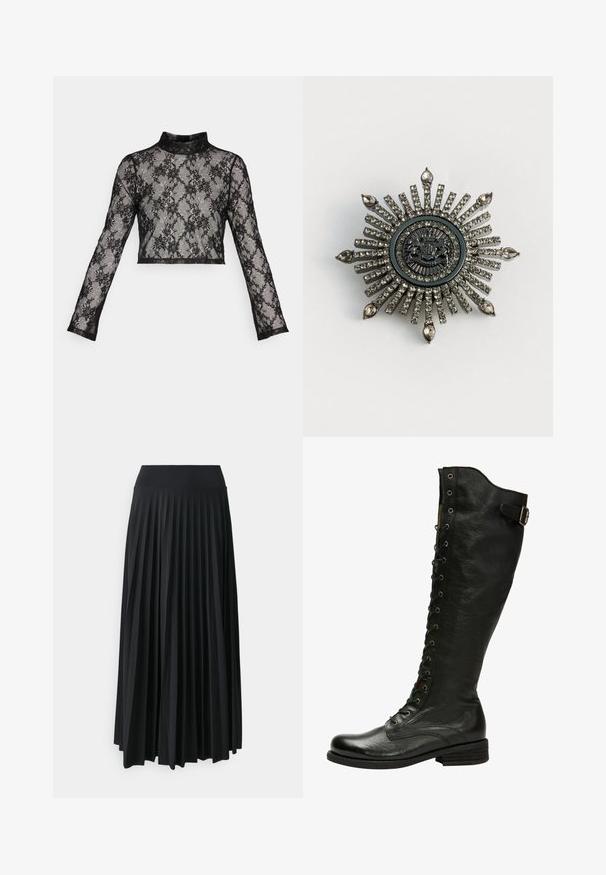 ONLY ONLHELENA HIGH NECK LACE - Camiseta de manga larga - black; Falda maxi negra con pliegues y cinturilla elástica ancha. Fabricada con un tejido suave y fluido, presenta pliegues verticales para añadir textura.; Bota de cuero negro hasta la rodilla con cordones en el frente, ojales de plata y hebilla lateral. Presenta un acabado texturizado y tacón apilado.; Broche en forma de estrella en metal de tono plateado con rhinestones transparentes. El diseño central presenta un emblema circular con un detallado intrincado.