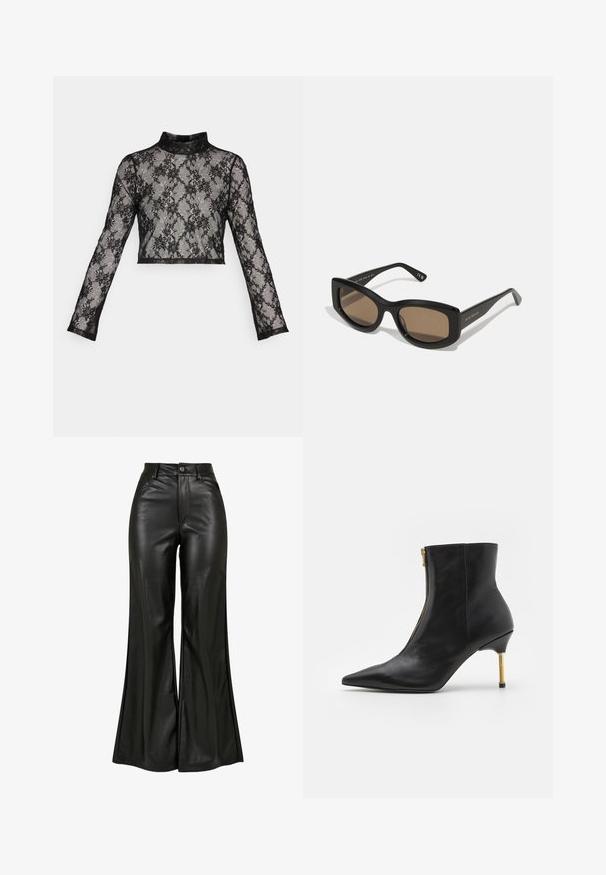 ONLY ONLHELENA HIGH NECK LACE - Longsleeve - black; Zwarte leren flared broeken met een gladde textuur, voorzien van een hoge taille, knoopsluiting en voorzakken. Wijde pijpen en een gepolijste afwerking.; AllSaints NATASHA - Lage laarzen - black; Zwarte rechthoekige zonnebril met bruine lenzen, een dikke rand en platte tempels met merkvermelding aan de zijkant. Gladde textuur met een glanzende afwerking.