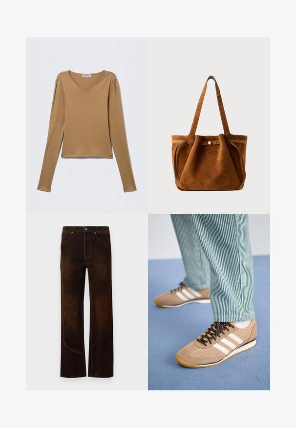 Hnedý top s dlhými rukávmi a výstrihom do V, vyrobený z mäkkej, hladkej látky, s pohodlným strihom a minimalistickým dizajnom. Neobsahuje žiadne výrazné ozdoby.; Hnedé široké džínsy vyrobené z mäkkej, textúrovanej tkaniny. Značky zahŕňajú zapínanie na gombík, pútka na opasok a predné vrecká s kontrastným prešívaním.; Svetlé semišové a sieťovinové tenisky s hnedými šnúrkami a tromi bielymi pruhmi. V kombinácii so zelenými a bielymi pruhovanými nohavicami, položené na modrom povrchu.; Hnedá semišová taška s dvoma uchami, uzatváraním na gombík a uvoľneným, mierne splošteným tvarom.