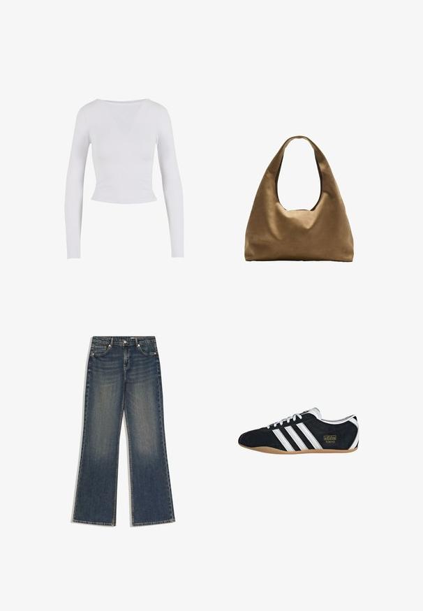 Top crop blanc à manches longues avec un col rond, fabriqué à partir d'un tissu lisse et extensible, affichant une coupe ajustée et sans fermetures visibles.; Jean droit en denim bleu foncé avec poches avant, passants pour ceinture et fermeture par bouton, présentant une légère décoloration sur les cuisses.; Sneakers en suede noir avec trois bandes blanches, logo doré et semelle en caoutchouc marron. Présente un design à lacets à profil bas.; Sac à épaule en tissu marron avec un corps large et arrondi et une grande poignée découpée. Texture douce, design minimaliste et aucun matériel visible.