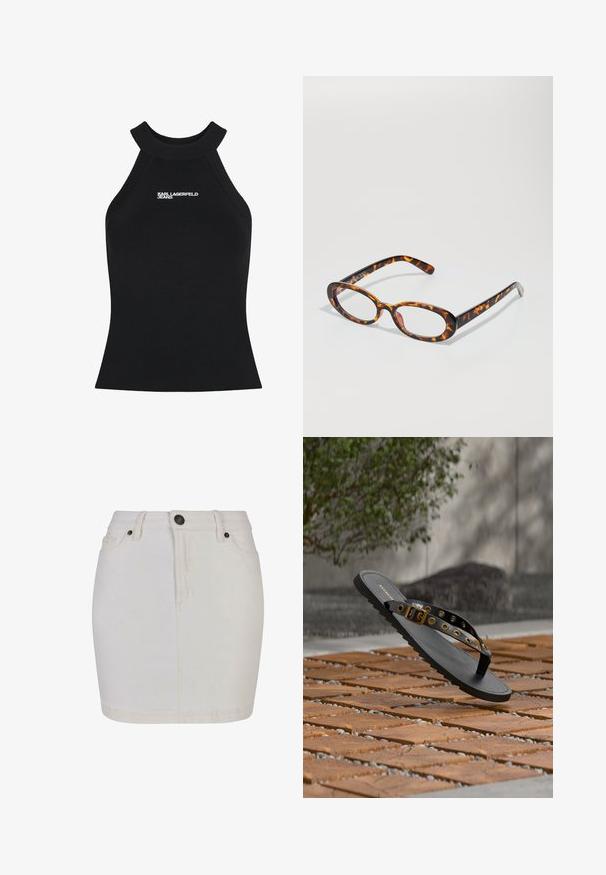 Haut sans manches en maille côtelée noire avec col montant halter et logo blanc "KARL LAGERFELD JEANS" centré sur la poitrine.; Mini-jupe en denim blanc taille haute avec bouton et fermeture éclair à l'avant, passants de ceinture et deux poches avant.; Sandale noire type tong avec boucle dorée et œillets flottant au-dessus d’un sol extérieur en dalles de bois avec des interstices en gravier gris.; Lunettes en écaille de tortue avec des verres ovales, dotées d'une finition brillante, de branches fines et de motifs subtils ressemblant aux rayures d'un tigre.