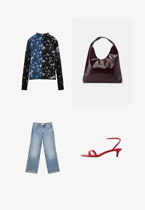 Langærmet top med delt design; den ene side med blåt blomsterprint på en mørk baggrund, den anden med blomster mønstre i sort og grå.; Lyseblå denimjeans med bred bendesign, der har frynset kant, let slid og klassisk fem-lommes design.; Rød læder lavhælet sandal med tynde stropper over tæerne og en ankestrop med spænde, vist fra siden på en hvid baggrund.; Bordeaux, skinnende vegansk læder tote taske med en blød, skulpturel form og et bredt, buet håndtag for nem bæring.