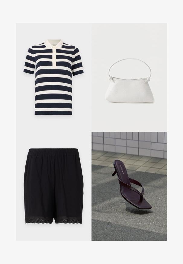 Marineblå og hvide horisontale stribede kortærmede polo shirt med hvid krave og fire-knaps foran.; Sorte bomuldsshorts med elastisk talje og bølgende kant, der har perforerede detaljer ved kanterne. Blødt og let materiale.; Mørkebrune sandaler med hæl, firkantet tå og tynde stropper svævende over tekstureret fortov nær flisevæg.; Hvid fletlæderhåndtaske med afrundet håndtag og ender på remmen, der er knyttet, vist mod en ensfarvet baggrund.