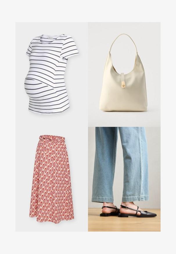 Camiseta blanca de maternidad con rayas horizontales negras y mangas cortas, diseñada con espacio extra para el vientre de embarazo.; Falda pareo de patrón rojo y blanco con un lazo en la cintura, que presenta un diseño geométrico y una silueta fluida.; Zapatos slingback de cuero negro con punta afilada, tacón plano y tira en el tobillo; llevados con jeans de pierna ancha en azul claro.; Bolso hobo de cuero color crema con una sola correa para el hombro, textura suave y detalle de cierre metálico dorado en el frente.