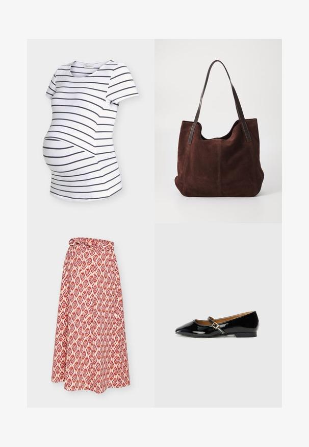Hvid barsels-T-shirt med sorte horisontale striber og korte ærmer, designet med ekstra plads til babymaven.; Rødt og hvidt mønstret omslagsnederdel med bindebånd i taljen, med et geometrisk design og en flydende silhuet.; Sorte patenterede lædersko med spids tå, ankelrem med en guldfarvet spænde og en lav blokhæle. Glat, skinnende overflade.; Brun ruskind tote taske med to mørke læder skulderremme. Blød tekstur, afrundet top og et rummeligt interiør. Ingen synlig hardware eller pynt.
