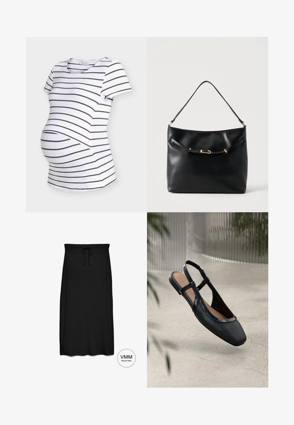 T-shirt de maternité blanc avec des rayures horizontales noires et des manches courtes, conçu avec un espace supplémentaire pour le ventre de bébé.; Jupe midi noire avec ceinture élastique et cordon, conçue pour être portée au-dessus du ventre.; Chaussure plate slingback en cuir noir avec un orteil carré, dotée d'un fini verni brillant et de sangles ajustables pour un maintien sécurisé.; Sac à épaule en cuir noir avec une bandoulière unique et un petit détail de boucle dorée à l'avant, sur un fond clair uni.