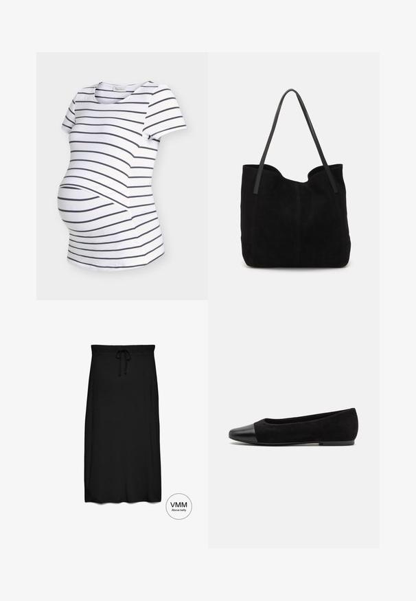 T-shirt de maternité blanc avec des rayures horizontales noires et des manches courtes, conçu avec un espace supplémentaire pour le ventre de bébé.; Jupe midi noire avec ceinture élastique et cordon, conçue pour être portée au-dessus du ventre.; Ballerines en daim noir avec un bout en vernis noir, texture lisse, forme arrondie et design discret.; Sac fourre-tout en suède noir avec deux longues anses en cuir plates. Présente un bord supérieur incurvé et des coutures visibles sur le devant. Pas d'accents en métal.