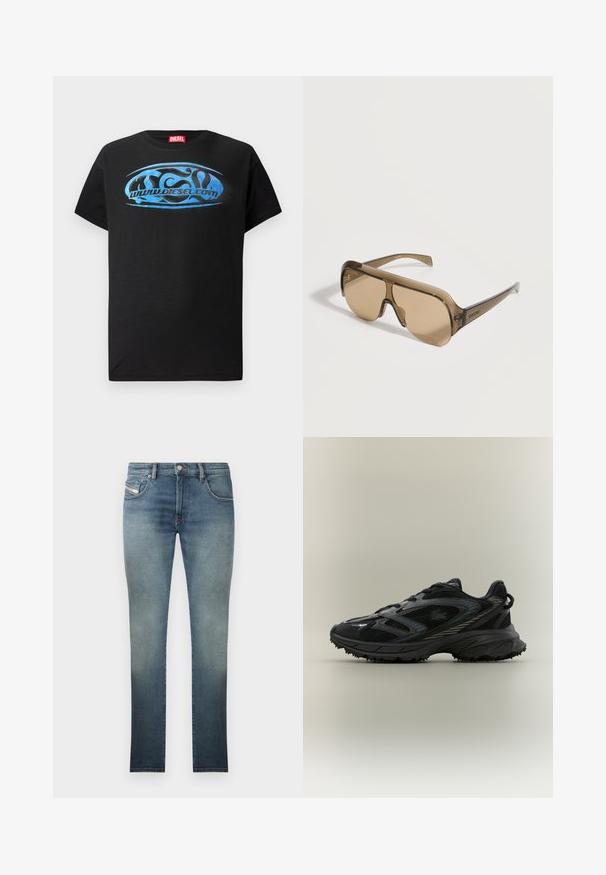 Lyhythihainen musta t-paita, joka on valmistettu puuvillasta. Edessä on sininen graafinen logo, jossa on teksti "www.diesel.com".; Slim-fit farkut haalistuneessa sinisessä pesussa, joissa on viiden taskun muotoilu, metallinen nappikiinnitys ja kontrastivärjäysompeleet. Hieman kulunut pinta.; Musta urheilukenkä, jossa on verkkopaneelit, raekuvioinen pohja, nauhat ja kaareva siluetti, jossa on hopeisia yksityiskohtia sivuilla.; Ruskeansävyiset Gucci-wraparound-aurinkolasit, joissa on yksi yhtenäinen linssi ja ohuet, läpikuultavat sankat valkoisella taustalla.