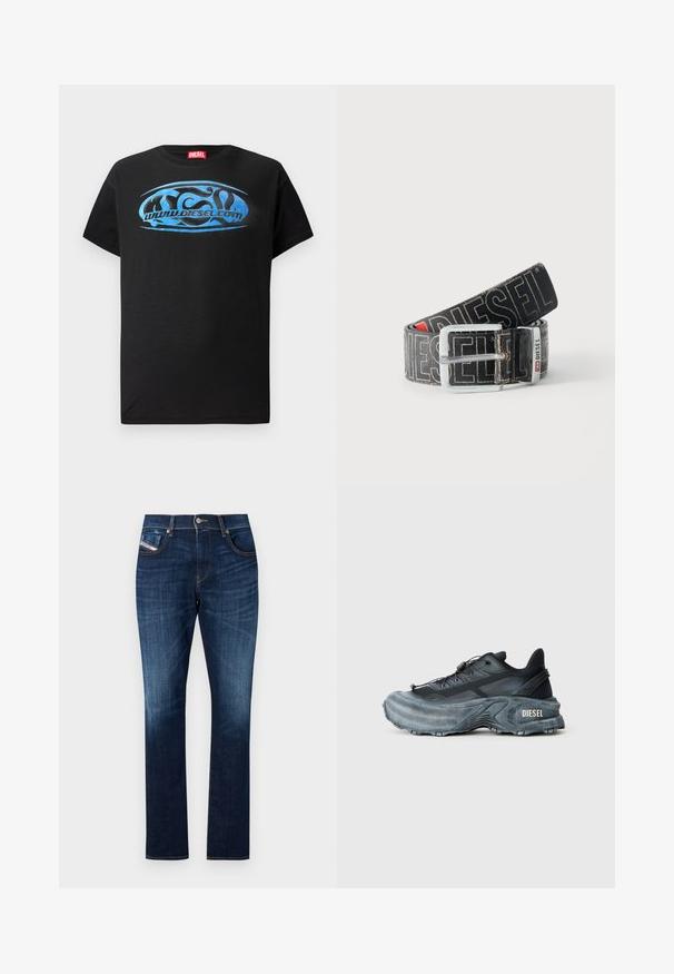 T-shirt noir à manches courtes en coton, avec un design graphique bleu comportant le texte "www.diesel.com" sur le devant.; Jean en denim bleu foncé présentant une coupe droite, un design à cinq poches, un léger délavage et des coutures contrastées le long des coutures.; Baskets Diesel noires et grises avec semelle épaisse, système de laçage à bascule et design texturé sur fond gris clair uni.; Ceinture noire Diesel avec grand texte logo blanc, boucle rectangulaire en argent, et détail de boucle métallique brandée, enroulée sur un fond clair.