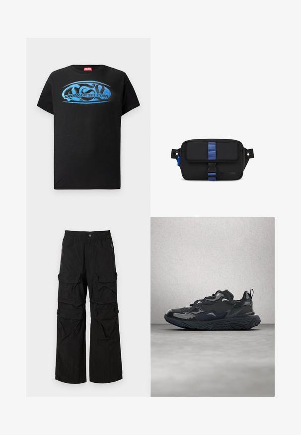 Must beebi, musta lühikeste varrukatega t-särk, mis on valmistatud puuvillast ning mille esiküljel on sinine graafiline logo kujundus tekstiga "www.diesel.com."; Mustad mustad püksid elastse vöökoha, mitme suure tasku ja lukuga külgtaskutega. Valmistatud kerge, tekstureeritud kangast.; Mustast jooksujalatsist, millel on tekstuuriga ülemine osa, sujuvad detailid ja jäme tald lainelise mustriga, loodud mugavuse ja vastupidavuse tagamiseks.; Must mustra kott, millel on ristkülikuline kuju, sinine rihm ja lukustus, külgloop ning esipaneelil reljeefne logo.