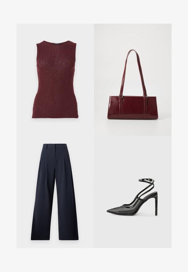 Top sans manches bordeaux en tissu texturé avec un motif côtelé subtil, présentant un col rond et une coupe ajustée.; Pantalons larges navy avec une texture lisse, présentant des plis avant et une taille classique, conçu pour un ajustement décontracté.; Escarpins noirs à talon haut avec un bout pointu, une combinaison de mesh et de cuir verni, un strap au niveau de la cheville avec une boucle, silhouette élégante.; Sac à main bordeaux en matériau brillant, de forme rectangulaire, avec deux anses et des accents légèrement courbés à l'avant.