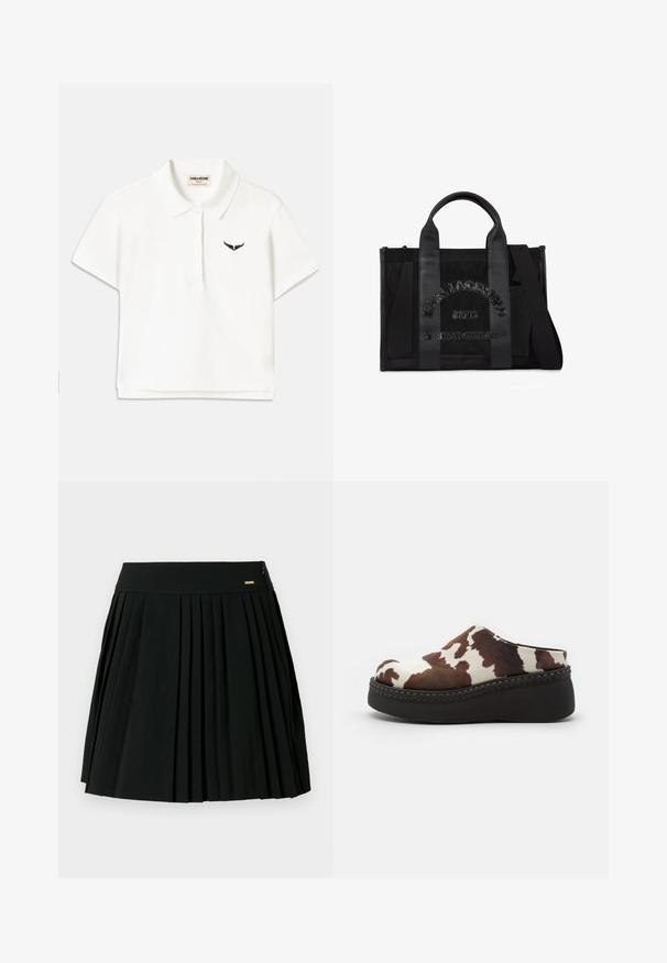 Weißes Poloshirt mit kurzen Ärmeln, ausgestattet mit einem schwarzen Flügel-Logo auf der linken Brust und einem klassischen Kragen. Glattes Material.; Schwarzer plissee Rock mit glattem Bund und seitlichem Reißverschluss. Hergestellt aus weichem Stoff, mit klaren Falten für einen strukturierten Look.; Braune und weiße Kuhfell-Print-Plateausandalen mit einem weichen Obermaterial, abgerundeter Zehenpartie und einer robusten schwarzen Gummisohle. Nahtdetail an der Unterseite.; Schwarze Karl Lagerfeld Tragetasche mit zwei Griffen, abnehmbarem Schulterriemen und Logotext auf der Vorderseite mit der Aufschrift "KARL LAGERFELD PARIS 21 RUE ST-GUILLAUME."