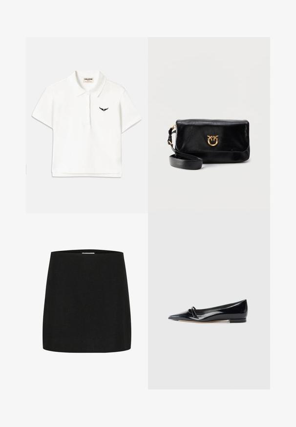 Hvid polo-shirt med korte ærmer, som har et sort vinge-logo på venstre bryst og en klassisk krave. Glat stof.; Sort mini-skjorte lavet af tekstureret stof, med en simpel, lige skæring uden synlige udsmykninger eller mønstre.; Sorte patentlæder flade sko med spids tå, lille dekorativ rem og lav blokhæl. Glat tekstur og strømlinet design.; Sort læder clutchtaske med justerbar rem og guldfarvet cirkulær spænde med to fugle på en ensfarvet hvid baggrund.