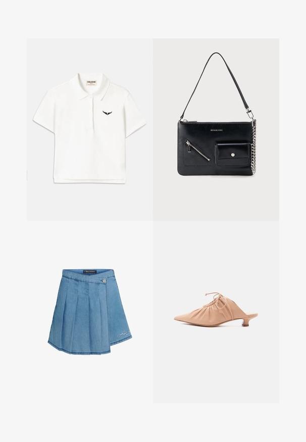 Witte polo met korte mouwen, voorzien van een zwart vleugel logo op de linker borst en een klassieke kraag. Soepele stof.; Denim rok in lichtblauw met geplooid ontwerp, metalen knoopsluiting en geborduurd detail aan de zoom. Gladde textuur en A-lijn vorm.; Beige leren damesmuiltje met puntige neus, geplooide bovenzijde, trekkoord en lage kittenheel, afgebeeld op witte achtergrond.; Zwarte leren schoudertas van Michael Kors met een bovenste rits, een diagonale voorzak met rits, een klepzak met drukknop en een zilverkleurig kettinkdetail.