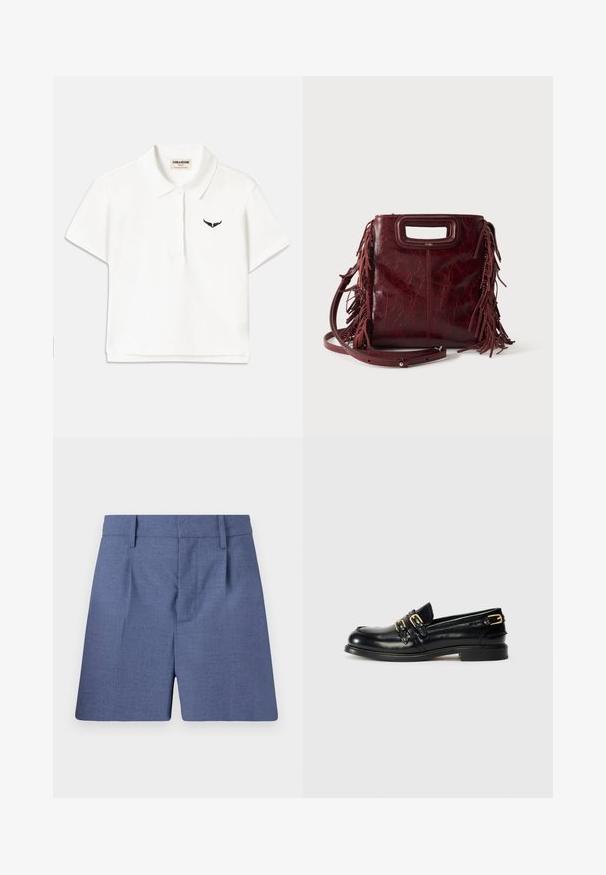 Hvid polo-shirt med korte ærmer, som har et sort vinge-logo på venstre bryst og en klassisk krave. Glat stof.; Blå skræddersyede shorts med bæltesløjfer, forstykker og en skjult lukning foran, vist mod en hvid baggrund.; Sorte læder loafers med en blank finish, der har to guldspænder og en lav hæl. Glat tekstur med rund tådesign.; Firkantet burgunderfarvet læderhåndtaske med udskåret håndtag, sideskvaster og justerbar skulderrem på ensfarvet baggrund.