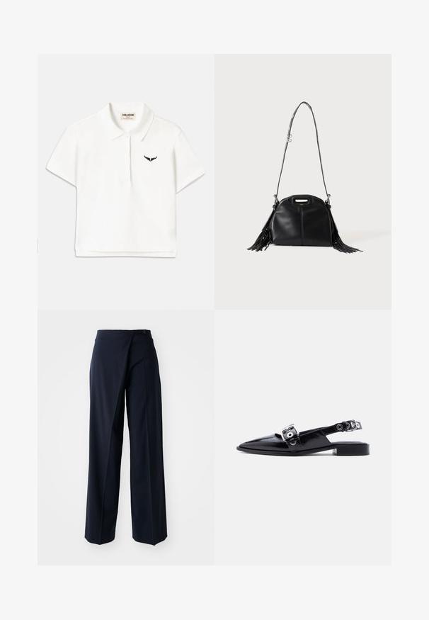 T-shirt polo blanc à manches courtes, présentant un logo d'aile noir sur la poitrine gauche et un col classique. Tissu doux.; Pantalons larges bleu marine avec un design enroulé, en tissu lisse, taille haute et une fermeture à un bouton à l'avant.; Ballerine pointue en cuir verni noir avec double boucle argentée et talon slingback sur fond blanc.; Sac à main en cuir noir avec longue bandoulière, petite poignée supérieure et franges sur les deux côtés, présenté sur un fond uni.
