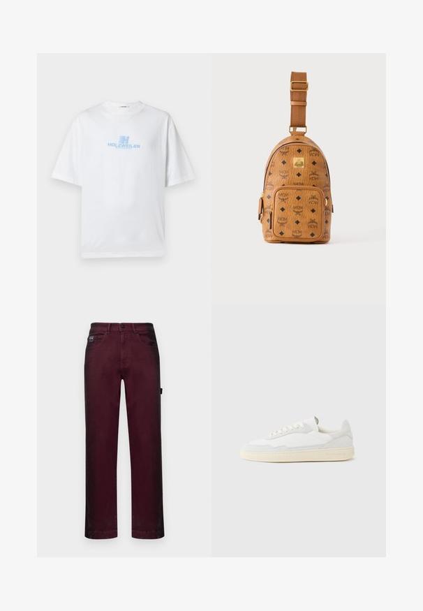 Weißes Baumwoll-T-Shirt mit lockerem Schnitt, auf der Vorderseite mit einem blauen "HOLZWEILER WINTERSPORT"-Logo bedruckt. Kurze Ärmel, Rundhalsausschnitt.; Burgunderfarbene Denim-Hosen mit geradem Schnitt, fünf Taschen, Metallknopfverschluss und Gürtelschlaufen für eine verstellbare Passform.; Weißer Sneaker mit strukturiertem Obermaterial aus Wildleder und Leder. Verfügt über eine runde Zehenpartie, Schnürverschluss und eine kontrastierende beige Gummisohle.; Kleine hellbraune Leder-Crossbody-Tasche mit verstellbarem Riemen, Frontreißverschlusstasche und sich wiederholendem schwarzem MCM-Logo-Muster.