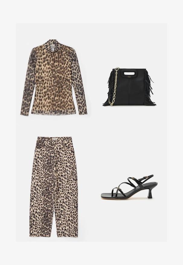 Langärmliges Top mit Leopardenmuster und Rundhalsausschnitt, aus einem leichten Stoff mit beigen und braunen Mustern gefertigt.; Leopardenmuster-Hosen in Beige und Schwarz mit lockerem Sitz, strukturiertem Stoff und vier Taschen sowie einem Bund.; Schwarze lackierte Riemchensandalen mit quadratischer Zehenpartie und niedrigem Blockabsatz. Ausgestattet mit vergoldeten Beschlägen und verstellbaren Knöchelriemen.; Schwarze Lederhandtasche mit Fransen-Details, goldener Ketten-Schulterriemen und einem ausgeschnittenen Griff. Mit Logoplatzierung auf der Vorderseite.