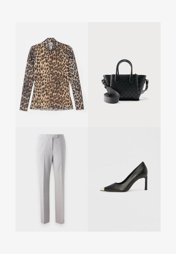 Langærmet top med leopardprint og rund hals, lavet af et let stof med beige og brune mønstre.; Lys grå skræddersyede bukser lavet af fint tekstureret stof med flad front, folder og lige ben. Sidder højt på taljen.; Sort læder højhælet sko med spids tå og metal-sølv hætte. Har en glat finish og en slank hæl på 10 cm.; Sort mønstret læderhåndtaske med to øverste håndtag og en justerbar skulderrem mod en hvid baggrund.