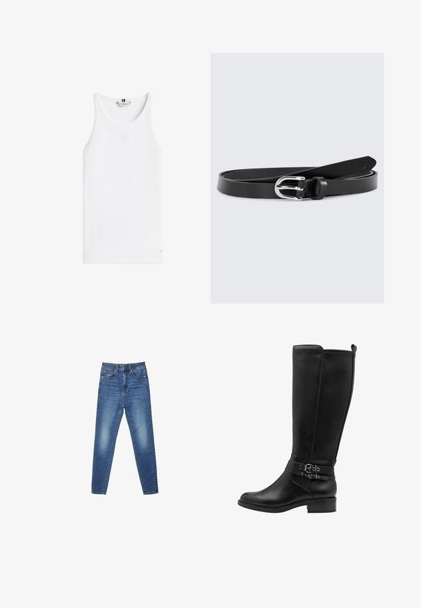 Weißes geripptes ärmelloses Tanktop mit Rundhalsausschnitt und kleinem Tommy Hilfiger-Logo nahe dem Saum und im Krageninneren.; Blaue, hoch taillierte, schmal geschnittene Jeans aus Denim mit Taschen vorne und hinten, Knopfverschluss sowie dezenten Verwaschungen an Oberschenkeln und Knien.; Tamaris Cowboy-/Bikerboot - black; Schwarzer Lederbesatz mit glatter Textur, ausgestattet mit einer silbernen Metallschnalle und einem schlichten Design, das zu einer spitzen Endung verjüngt.
