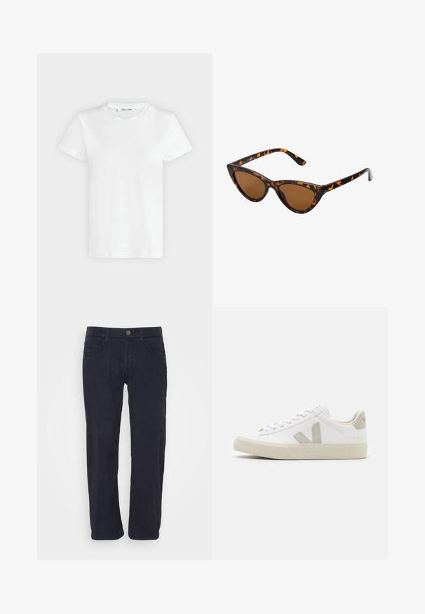 Ein schlichtes weißes T-Shirt mit kurzen Ärmeln und Rundhalsausschnitt liegt flach auf einem hellgrauen Hintergrund, zeigt die Vorderseite mit einem Etikett im Halsausschnitt.; Marc O'Polo 5 POCKET MID WAIST SLIM FIT 7 8 LENGTH - Stoffhose - deep blue sea; Weiße Sneaker aus Leder mit grauen V-Logo-Akzenten, strukturiertem Gummiabsatz, weißen Schnürsenkeln sowie gepolstertem Zungen- und Knöchelbereich.; Katzenaugen-Sonnenbrille mit einem schwarz-orangenen Schildpattrahmen, braunen Gläsern und schlanken, spitzen Enden. Verfügt über ein minimalistisches Logo am Bügel.