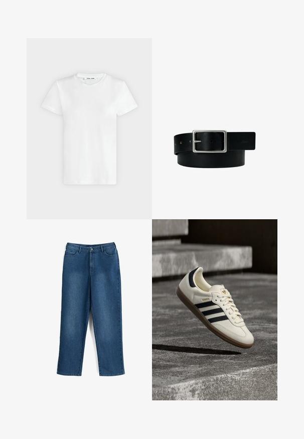 En simpel hvid T-shirt med korte ærmer og rund hals lagt fladt på en lys grå baggrund, hvor forsiden med label inde i halsen vises.; Seasalt Cornwall Mom-jeans - mid wash tide; Hvid Adidas Samba sneaker med sorte striber og gummsål, svævende over teksturerede grå betonstrin.; Sort læderbælte med sølv rektangulært spænde og flere justeringshuller, lagt fladt på en hvid baggrund.