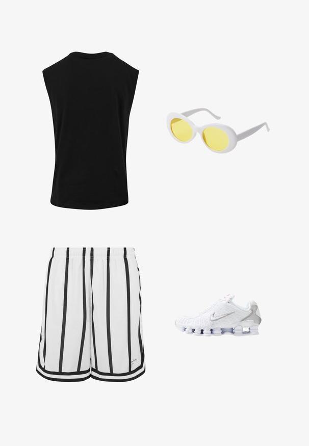 Zwarte mouwloze top van glad, lichtgewicht materiaal met een ronde halslijn en een losse pasvorm. Geen zichtbare patronen of accenten.; Witte sportshorts met zwarte verticale strepen, een elastische tailleband en zwarte bies aan de zoom. Lichtgewicht stof met een soepele textuur.; Witte sportschoenen met een gestructureerd bovenwerk, een zilveren swoosh-logo, meshpanelen en een opvallende gesegmenteerde witte zool.; Witte ovale zonnebril met gele lenzen en slanke armen. Beschikt over een gladde kunststof frame en een groot cirkelvormig lensontwerp.