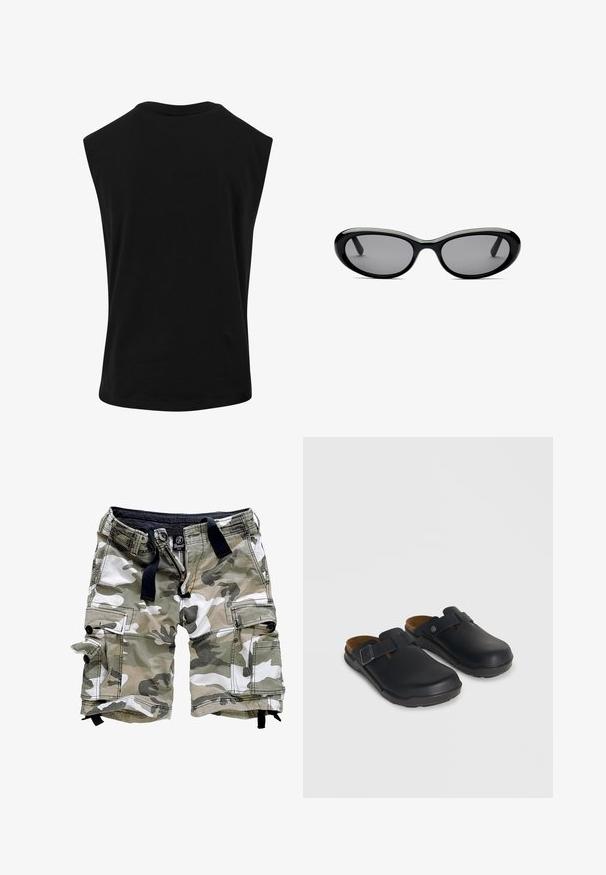 Top negro sin mangas hecho de material liso y ligero con escote redondo y un ajuste relajado. Sin patrones ni detalles visibles.; Pantalones cortos de trabajo de camuflaje en tonos verdes y blancos, con múltiples bolsillos, cierre de cremallera y detalles en cuerda de ajuste negra. Tela de algodón con un corte relajado.; Zuecos negros sin cierre con correas laterales ajustables con hebilla y plantillas de corcho contorneadas sobre un fondo neutro.; Gafas de sol ovaladas negras con lentes tintadas oscuras y montura gruesa y brillante, mostradas desde el frente sobre un fondo blanco.