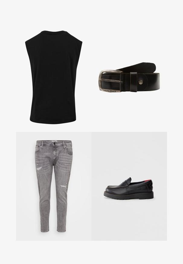 Sort ærmeløs top lavet af glat, let materiale med rund halsudskæring og afslappet pasform. Ingen synlige mønstre eller detaljer.; Grå denim jeans med slidte detaljer, slim fit, standard fem-lomme design og en let sammenløbende ben.; Sorte læderslippersko med mokkastoftning, gummisål og en struktureret overflade. Har subtil branding på siden.; Sort læderbælte med spænde i sølvfarvet metal. Har en glat tekstur og et logo på spændet. Klassisk design med en poleret finish.