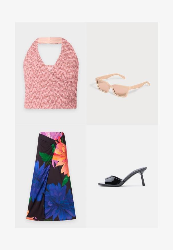 Haut halter rose clair en tissu tricoté texturé avec un design enroulé, comportant une bande beige douce à l'arrière pour un ajustement sûr.; Jupe maxi florale avec un fond noir, mettant en avant de grandes fleurs bleues et orange. Design noué à la taille avec un accent rouge. Tissu doux.; Sandales à talons ouverts en cuir verni noir, avec un design supérieur incurvé et un talon aiguille effilé. Finition lisse et brillante.; Lunettes de soleil rectangulaires couleur pêche clair avec montures épaisses et verres teintés assortis sur un fond uni clair.