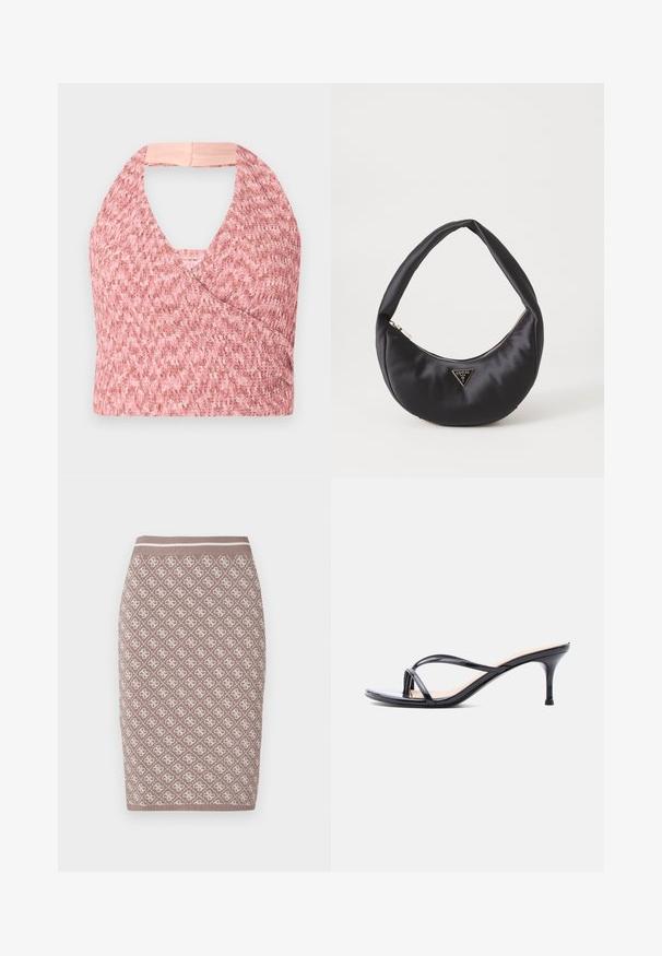 Heled roosa halter-top, mis on valmistatud tekstureeritud kudumisest ja millel on kattev disain, tagaküljel on pehme beež riba, mis tagab kindla istuvuse.; Ümarpunnikust pliiatsiseelik heledas pruunis, millel on kreemilised mustrid, ja ribad, millel on kontrastne joon. Sujuv tekstuur.; Mustast lakknahast kontsakingad, millel on õhukesed risti kõndivad rihmad ja kitsas keskmise kõrgusega konts.; Must musträk kott, millel on kaarjas kuju, varustatud lukuga ja metallist kolmnurkse logoga ees. Sile tekstuur ja peen disain.