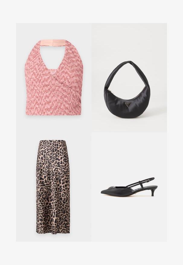 Heled roosa halter-top, mis on valmistatud tekstureeritud kudumisest ja millel on kattev disain, tagaküljel on pehme beež riba, mis tagab kindla istuvuse.; Leopardi mustriga satiinseelik kõrge vöökoht, põlvikute pikkuses siluett, läikiv tekstuur ja voogav disain.; Mustad musta rihmaga kingad terava ninaga, valmistatud siledast materjalist, väikese kontsaga ja kaunistava hõbedase aksessuaari ning sillerdava pealsega.; Must musträk kott, millel on kaarjas kuju, varustatud lukuga ja metallist kolmnurkse logoga ees. Sile tekstuur ja peen disain.