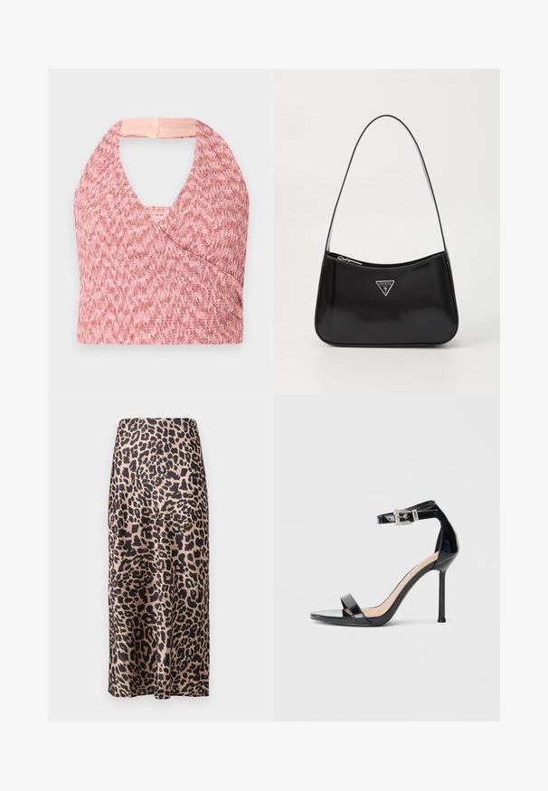Lys pink halterneck top lavet af tekstureret strikket stof med et omslag design, der har en blød beige kant bagpå for en sikker pasform.; Leopardprint satin nederdel med høj talje, knælang silhuet, blank tekstur og en flydende design.; Sort højhælet sandal i laklæder med ankelrem. Har minimalistisk design, åben tå og spænde med rhinsten-detaljer.; Sort patenteret læder skuldertaske med en buet form, prydet med et sølvfarvet trekantet logo og en lynlås-lukning. Glat tekstur og slank rem.