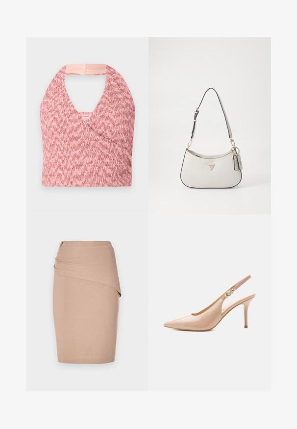 Svetloružová halter top vyrobená z textúrovanej pleteniny s obálkovým dizajnom, obsahujúca jemný béžový pás vzadu pre bezpečné uchytenie.; Béžová ceruzková sukňa po kolená, vyrobená z jemne štruktúrovanej látky, s drapériou v prednej časti a strieborným bočným zipsom. Hladká textúra.; Béžová lakovaná vysoká obuv so zúženou špičkou a malou zlatou prackou na remienku.; Biely textúrovaný kabelka s zakriveným tvarom, zlatým kovaním, odnímateľným popruhom a akcentom loga. Obsahuje pripevnenú značkovú tag.
