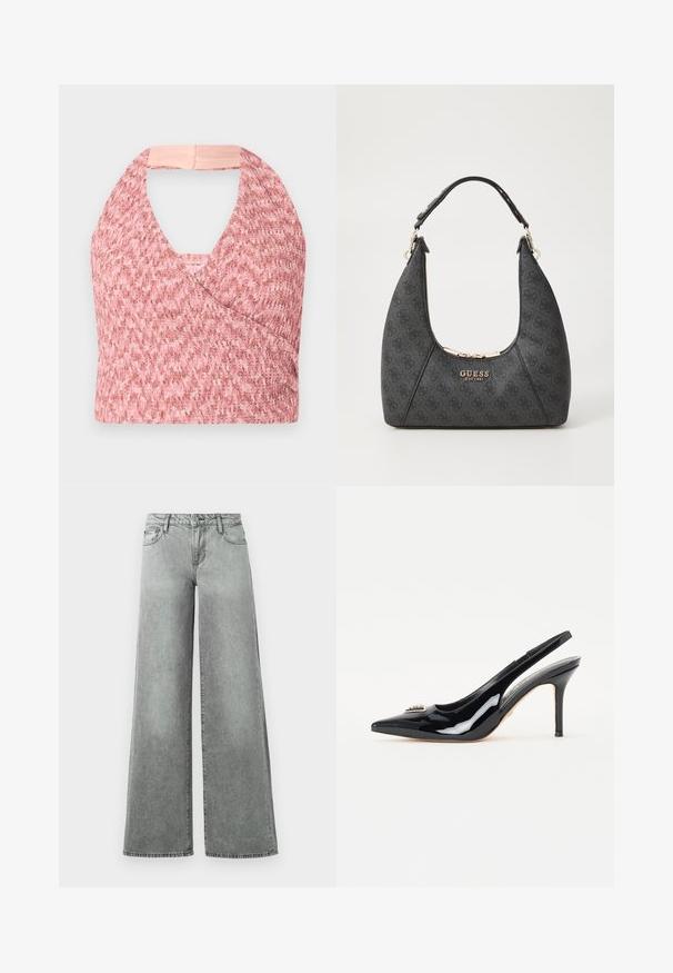 Haut halter rose clair en tissu tricoté texturé avec un design enroulé, comportant une bande beige douce à l'arrière pour un ajustement sûr.; Jeans en denim gris à jambes larges, dotés de cinq poches, d'une taille haute et d'une finition légèrement délavée avec des coutures visibles.; Escarpins à talons slingback en cuir verni noir avec un bout pointu, un talon aiguille élancé et un ornement décoratif sur la tige.; Sac à main noir avec un design incurvé, fabriqué à partir d'un matériau texturé. Il dispose d'un logo doré et d'une fermeture éclair, avec une sangle lisse.
